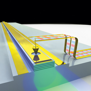 The ridge waveguide of a THz quantum-cascade laser (QCL) is seen extending into and out of this image. A Schottky diode detector is placed into the laser core through a small opening in the top metal contact. A coplanar waveguide connected to the diode carries signals off the chip at the difference frequency between a QCL mode (seen leaving the laser in green) and an external signal (seen entering the laser in blue).