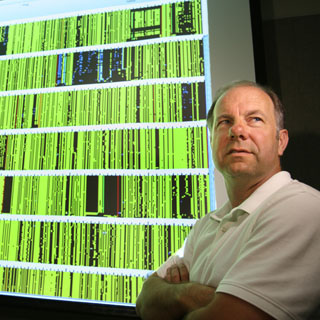 Image of The  dark areas on this visualization of 40 genomes of the bacteria Brucella  represent genomic islands — gene clusters that bacteria swap horizontally.  Kelly Williams (8623, above) is studying genomic islands to better understand  how pathogenicity naturally evolves in bacteria, which will aid in recognizing  the unnatural pathogenicity of a synthesized bioweapon. (Photo by Dino Vournas) <a href="/news/publications/labnews/archive/_assets/images/12-24-08/bio1260.jpg">View large image</a>.