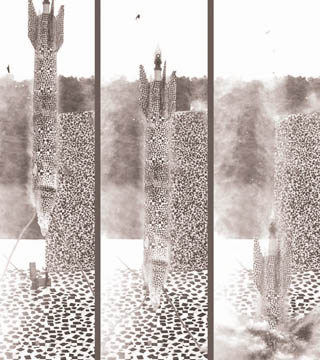 This is a composite of three images captured from high speed video showing the test unit in free flight as it approaches and penetrates a concrete target. The images show water vapor (from the light rain that was falling at the time of the test) surrounding the test unit. The square speckles on the test unit and the concrete target provide a random pattern that is used in digital image correlation algorithms to calculate test unit motion in 3-D using special equipment.