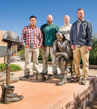 GOT YOUR BACK — From left, John Bailon (5627), John Boehm (5343), Steve Becker (2144), and Jason Shelton (2998) say they are proud to step forward and talk about how combat affects a person. “It’s part of who you are,” Jason says.	(Photo by Randy Montoya)