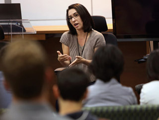 Image of <p>Katherine recounts her experiences in graduate school as part of the PhD journey panel at a recruiting event for science and engineering undergraduate students. (Photo by Dino Vournas)</p>