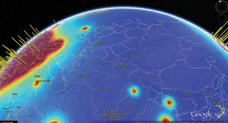 FLUX CAPACITOR? — No, but as shown in this image of antineutrino fluxes around the world, WATCHMAN will have plenty to watch. (Image courtesy of Glenn Jocher and John Learned, University of Hawaii)
