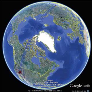 Image of <p>BOLIDE DETECTED — This image shows the shortest path that infrasound waves from the meteor’s explosion propagated from Russia to receivers in the US. (Image data courtesy of Google earth and NASA)</p>