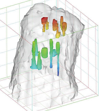 Image of <p>Salt caverns such as the one depicted here could provide a low-cost solution for the geologic storage of hydrogen. The colors in the illustration represent depth, with blue as the deepest part of the cavern and red the most shallow.</p>