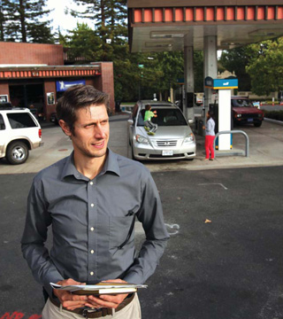 A recent report by Sandia asks whether hydrogen fuel can be accepted at any of the 70 California gas stations involved in the study, based on a new hydrogen technologies code. Here, Sandia’s Daniel Dedrick visits a station in Oakland, Calif. (Photo by Dino Vournas)