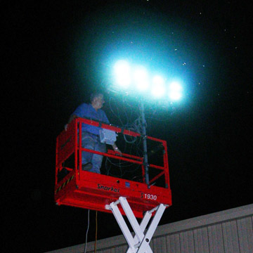 LUX AETERNA Ñ Luxim and Lumenworks manufacture and design the plasma lighting sources and reflectors used in the fuel cell-powered mobile lighting system spearheaded by Sandia. Here, the first outdoor test of the lighting assembly is successfully conducted. (Photo courtesy Stray Light Optical Technologies)