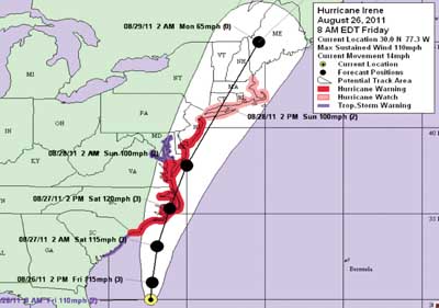 Image of HURRICANE WATCH — The Department of Homeland Security’s National   Infrastructure Simulation and Analysis Center (NISAC), housed at Sandia   and Los Alamos national laboratories, provided timely analysis of the   potential infrastructure impacts of Hurricane Irene in August 2011.   Officials asked NISAC to analyze Irene’s likely impacts while the storm   moved toward shore and to deliver an analysis in less than 12 hours.   NISAC came through; its analysis was used to brief FEMA and first   responders as well as the DHS and DOE. <a href="/news/publications/labnews/archive/_assets/images/12-01-06/irene_1260.jpg">View large image</a>. <br/>