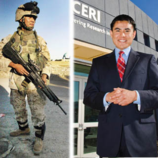 Caption: Cheston Bailon on patrol in Iraq in 2005 . . . and at Sandia today.	(Photo by Randy Montoya)