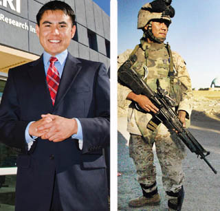 Caption: Cheston Bailon on patrol in Iraq in 2005 . . . and at Sandia today.	(Photo by Randy Montoya)