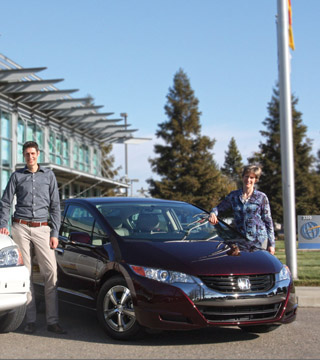 Image of <p>Daniel Dedrick (8367), Sandia hydrogen program manager, and H2FIRST partner Catherine Dunwoody of the California Fuel Cell Partnership are working to install more fueling stations for hydrogen fuel cell cars.</p>