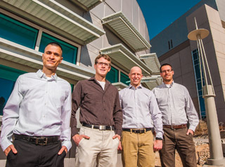 EARLY CAREER ACHIEVEMENTS — Sandians, left to right, Adrian Chavez (5629), Matthew Brake (1526), Seth Root (1646), and Daniel Stick (1725) will be recognized in a ceremony later this year as recipients of the Presidential Early Career Award for Science and Engineering (PECASE). The award is the highest honor the US government gives to outstanding scientists and engineers who are beginning their careers. (Photo by Randy Montoya)