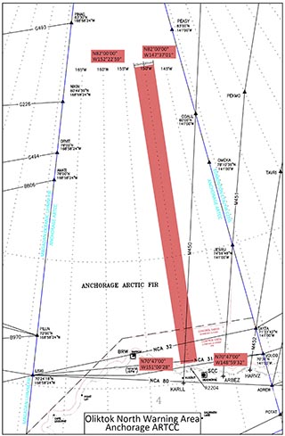 The red bar depicts the 40-mile-wide, 700-mile-long Warning Air Space now under management by Sandia personnel for DOE’s Atmospheric Radiation Measurement facilities. The space, approved by the Federal Aviation Administration after a five-year review, extends from Oliktok Point, the northernmost point of the US highway system, to 400 miles short of the North Pole. The monitored space will better ensure the safety of climate and other experiments taking place over international waters in the Arctic.