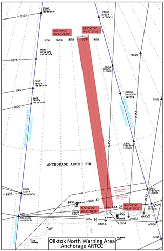 Image of <p>The red bar depicts the 40-mile-wide, 700-mile-long Warning Air Space now under management by Sandia personnel for DOE’s Atmospheric Radiation Measurement facilities. The space, approved by the Federal Aviation Administration after a five-year review, extends from Oliktok Point, the northernmost point of the US highway system, to 400 miles short of the North Pole. The monitored space will better ensure the safety of climate and other experiments taking place over international waters in the Arctic.</p>