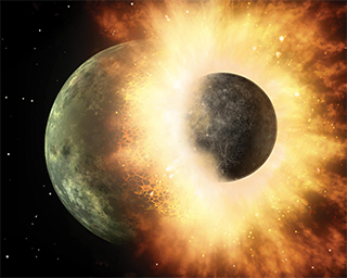 WHEN WORLDS COLLIDE — Sandia’s Z machine provides hard data on the surprisingly low amount of pressure required to metamorphose iron from a massive intrusive force to a gentle vaporized mist as astrophysical bodies collided in space during the later stage of Earth’s formation. That reduced pressure — 40 percent lower than  formerly assumed by theoreticians — helps explain the splashes of iron in Earth’s mantle. This artist’s concept shows a celestial body about the size of our moon slamming at great speed into a body the size of Mercury.	  (Image Credit: NASA/JPL-Caltech)