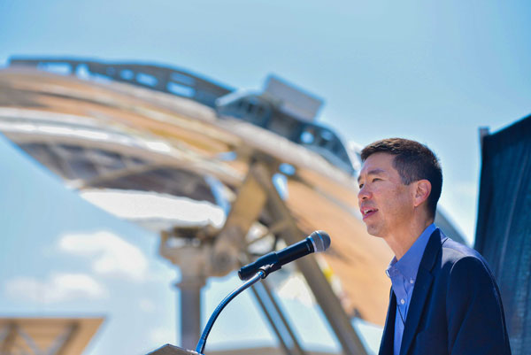 CONCENTRATION — Cliff Ho, mechanical engineer and lead researcher on several solar projects, talks to the crowd about the history of concentrating solar power technology over the last 40 years and where it is headed next.