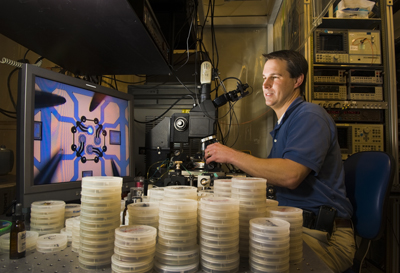 ABOUT TIME Ñ Labs researcher Darwin Serkland in his lab at SandiaÕs MESA center. Darwin is part of a Sandia research team that is working with researchers from the Massachusetts division of Symmetricom Inc. and MITÕs Draper Lab to create the new Chip Scale Atomic Clock, which is 100 times smaller than its commercial predecessors and requires a hundred times less power: instead of 10 watts, it uses only 100 millliwatts.	(Photo by Randy Montoya)