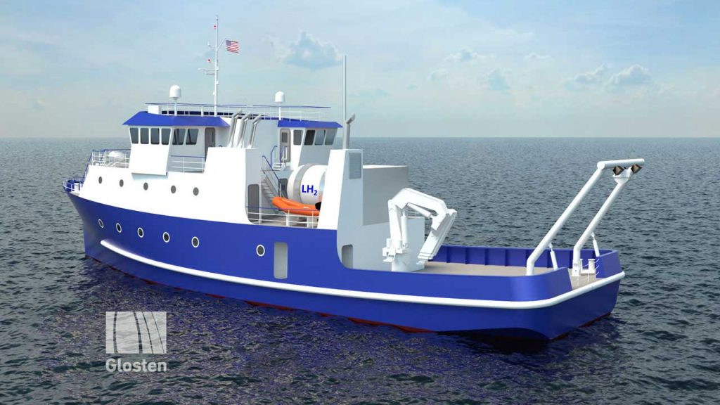 FUEL CELL FUTURE — An Engineering model of a new Scripps Institution of Oceanography research vessel that incorporates hydrogen fuel cells with a liquid hydrogen tank — labelled LH2. The vessel was conceived by Sandia, Glosten and Scripps, with the hydrogen fuel cell providing power for propulsion and energy for the ship's systems (Photo courtesy of Glosten).