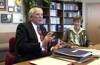 CALM BEFORE THE STORM — In February 2001, former Sandia Labs Director C. Paul Robinson and Deputy Labs Director Joan Woodard delivered a State of Labs interview marked by successes over the previous decade. After 9/11, much of this research was critical to national security. (Photo by Randy Montoya from the archives)