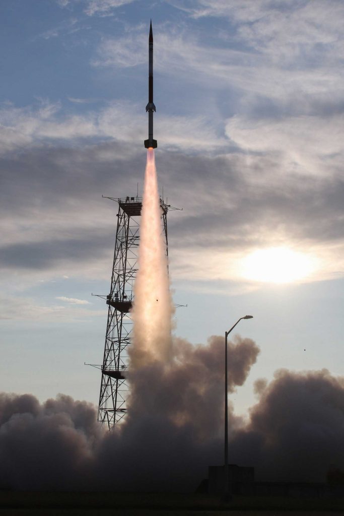 RETRIEVABLE ROCKET — Sandia launched a suborbital rocket from NASA’s launch range at Wallops Flight Facility in Virginia. (Photo by Lee Wingfield, NASA Wallops Flight Facility)