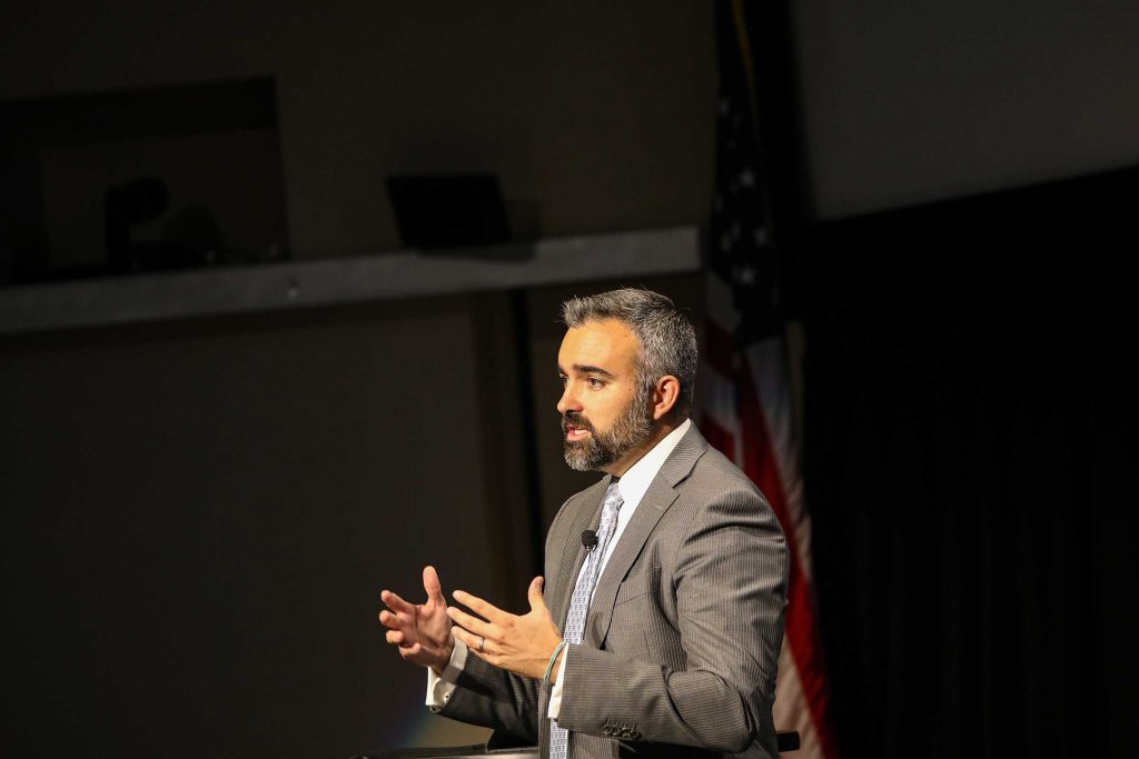 CRIME UPDATE — Bernalillo County District Attorney Raúl Torrez visited Sandia to present an update on crime rates and law enforcement strategies on July 20. His presentation is part of the ongoing Community Engagement Speaker Series. (Photo by Lonnie Anderson)