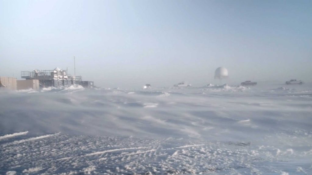 SEARING SNOW — Blowing snow at the Atmospheric Radiation Measurement mobile facility in Oliktok Point. (Photos by Brent Peterson)