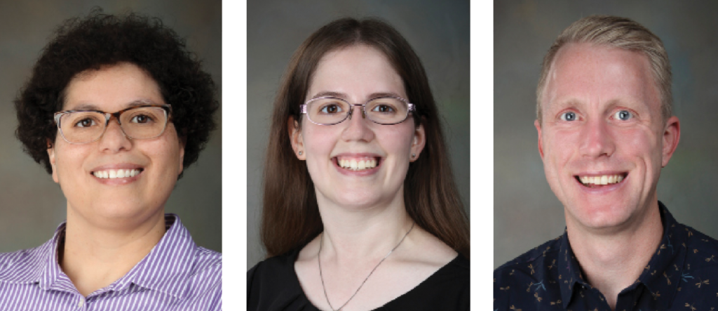 SLAM STARS — Sandia postdoctoral researchers, from left, Nicole Jackson, Jennifer Loe and Josh Rackers competed in the Bay Area Research SLAM on Oct. 28. (Photos courtesy of Nicole, Jennifer and Josh)