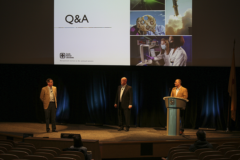 VALUED FEEDBACK — Sandia Labs Director James Peery, left, Executive Director and Chief Human Resources Officer Brian Carter, center, and Communications Director Frederick Bermudez led a Labs Town Hall in February. During the presentation, Brian shared results of the Employee Engagement Survey and spoke about upcoming initiatives. (Photo by Lonnie Anderson)