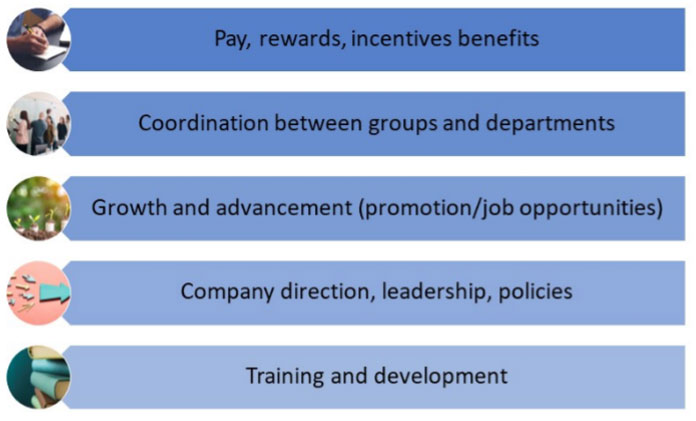 TOP FIVE — Sandia summarized employee engagement survey results into five priorities for improvement. The survey was conducted in May 2021, and results were shared with staff in February. (Graphic by the Workforce Planning and Effectiveness team)
