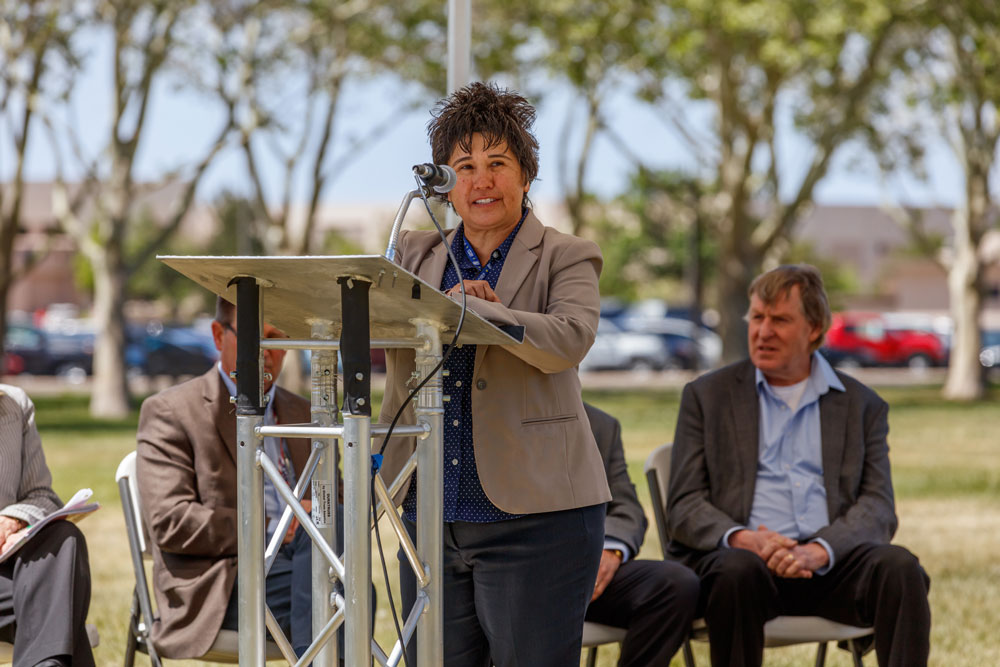 FPU SUCCESS — Associate Labs Director Rita Gonzales addresses the crowd during a May 4 celebration marking the achievement of first production units for the W88 ALT 370 and B61-12 Life Extension Program. (Photo by Bret Latter)