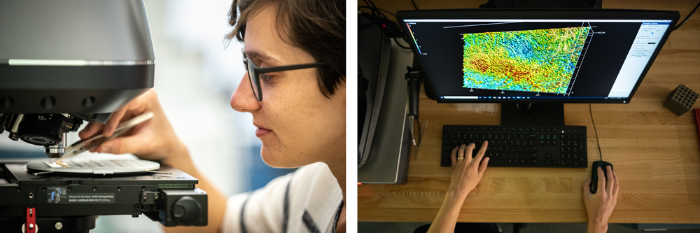 DERIVING DATA — Postdoctoral appointee Kimberly Bassett looks at electrodeposited films to build a machine learning data set at Sandia’s Center for Integrated Nanotechnologies. (Photo by Craig Fritz)