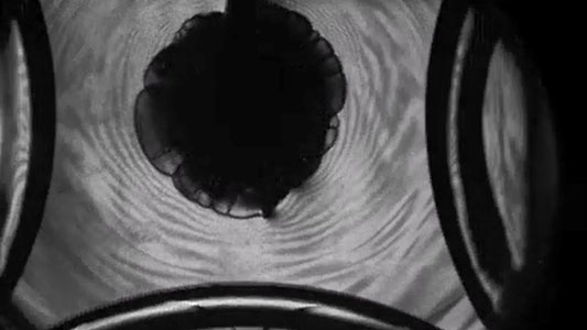SHOCKING SCHLIEREN — A schlieren image of an experiment 80 microseconds after detonation. The image shows the leading edges, fingernail-like protrusions from the center, and emanating bands, lighter ripples. Sandia scientists hope this kind of data on fracture formation in plexiglass can be used to make geothermal energy more assessable. (Image courtesy of Eric Robey)