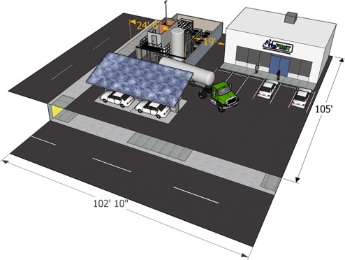 FUTURE FUELING STATION — Hypothetical layout of a hydrogen vehicle refueling station featuring a compact layout that uses revised setback distances for liquid hydrogen. (Graphic illustration by Ethan Hecht)