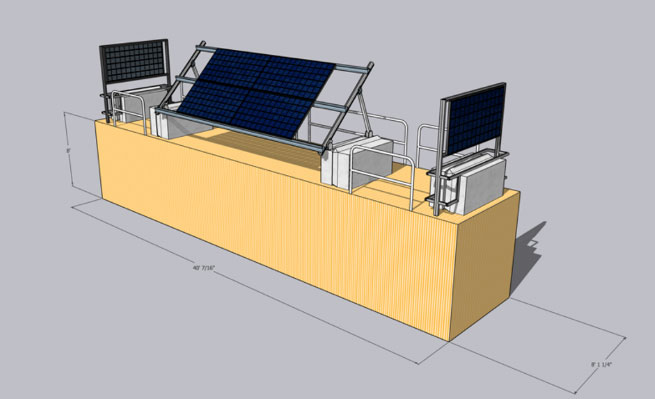 Image of Graphic of angled photovoltaic panels mounted on a storage container