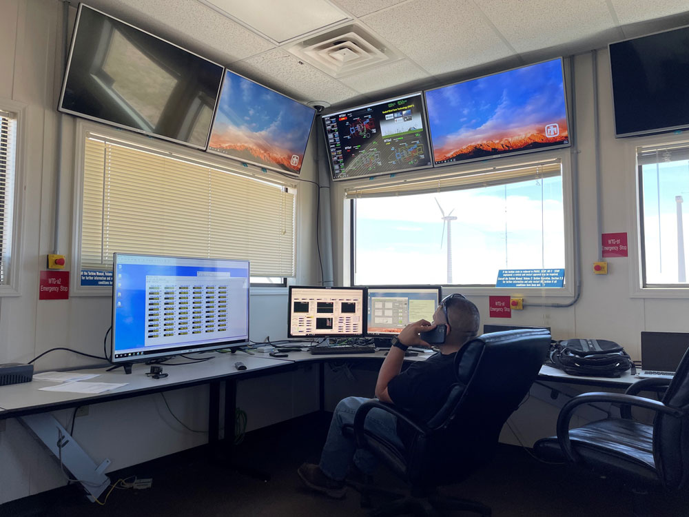 Image of Texas Tech University wind turbine technician Miguel Hernandez operates NRT Turbine A1 from the control building
