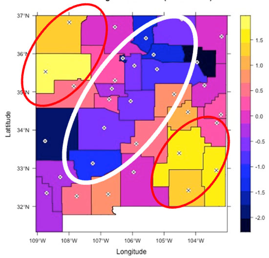 Image of A color-coded map of New Mexico illustrates data from 2020 to show changes in COVID-19 infection rates