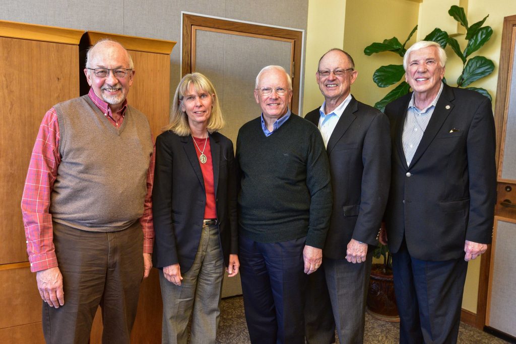 MEETING OF THE MINDS — Five of Sandia’s directors came together for discussions onthe Labs’ future direction. This picture, which appeared in a January 2019 edition of Lab News shows, left to right, Paul Hommert, July 2010-July 2015; Jill Hruby, July 2015-April 2017; Stephen Younger, May 2017-December 2019; Tom Hunter, April 2005-July 2010; and Paul Robinson, August 1995-April 2005. (Photo by Randy Montoya)