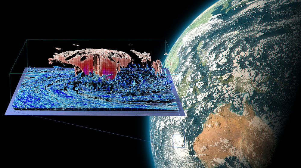 CLOUD PREDICTIONS — A snapshot from a cloud-resolving Simple Cloud Resolving E3SM Atmosphere Model simulation shows a tropical cyclone off the west coast of Australia. The global view displays clouds where the condensed water content is greater than 0.1 grams of water per kilogram of air. The inset shows a 3D cross section with ice mass in red and liquid cloud structure in blue. (Image by Brad Carvey)
