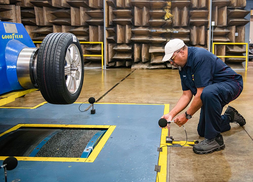 SOUND CHECK — Sandia and The Goodyear Tire & Rubber Co. have developed a virtual way to test how noisy a tire will be on the road before any physical testing, pictured, occurs. (Photo courtesy of Goodyear)