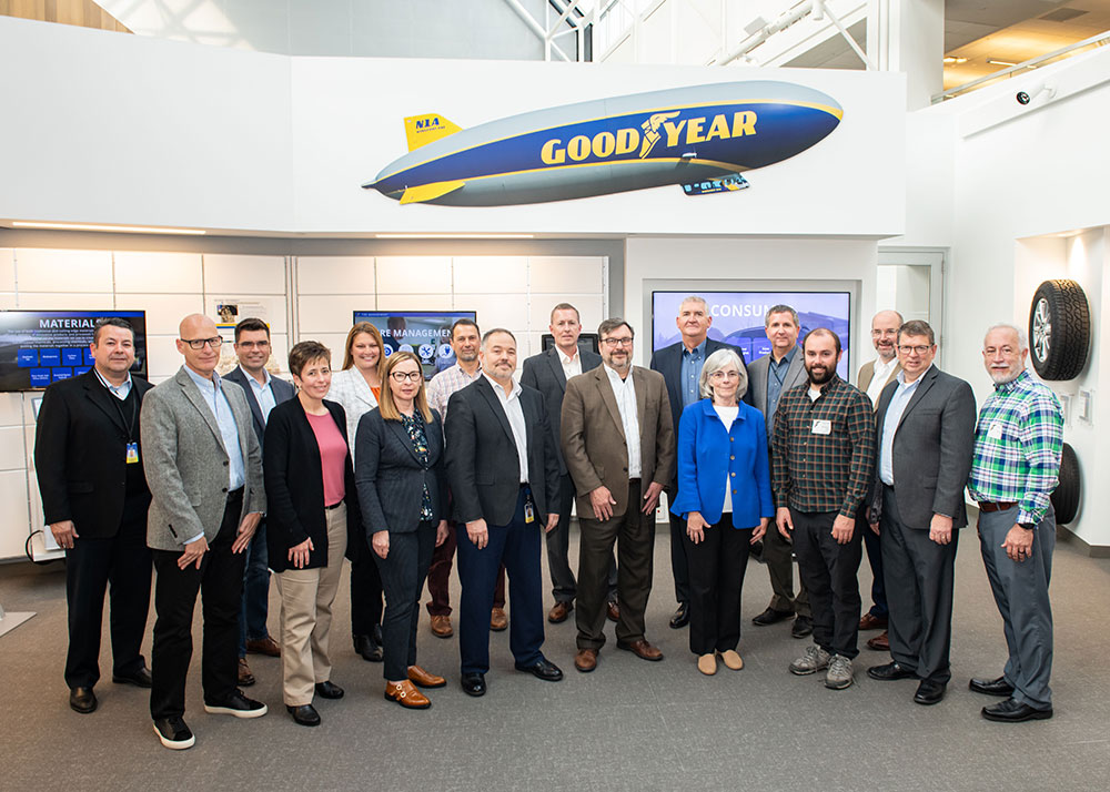 30-YEAR PARTNERSHIP — In November 2022, members of Sandia and The Goodyear Tire & Rubber Co. leadership gathered at the company’s headquarters in Akron, Ohio, for the celebration of 30 years of partnership. Sandia staff included Mary Monson, senior manager, Technology Partnerships and Business Development; Joel Lash, director, Engineering Sciences Center; Susan Seestrom, Associate Labs Director, Advanced Science and Technology; Gregory Bunting, technical lead; and Michael Skroch, manager, Simulation Sciences. (Photo courtesy of Goodyear)