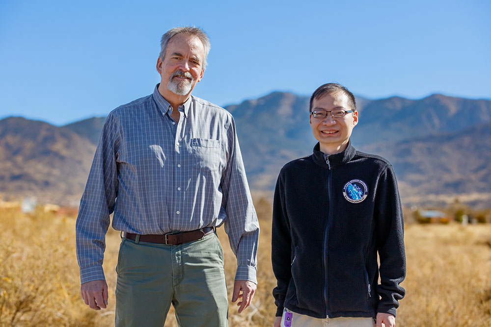 DEPLOYED AND PATENTED — Robert Anderson, left, and Tian Ma developed a new, patented software system, currently used by the U.S. government, that gives remote sensing equipment like satellites, drones and security cameras a major performance boost in detecting small moving objects from far away. (Photo by Bret Latter)