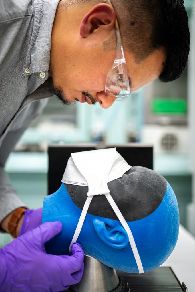 SEEING THE HUMAN SIDE — Aerosol scientist Michael Omana and his team created a new way to test PPE using a more human form. (Photo by Craig Fritz)