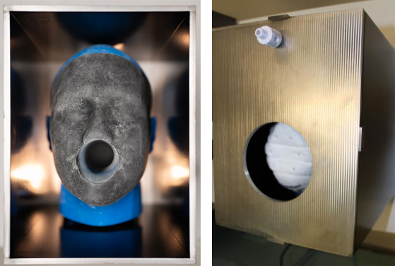MOVING TO THE NEXT STEP — Gen 2 test fixture integrates a more human like form that is integrated with commercial filter testers. (Left photo by Craig Fritz; Right photo courtesy of Michael Omana)