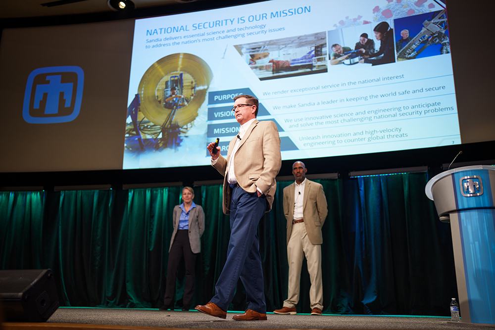 “IT’S ABOUT ALL OF US” — Labs Director James Peery, center, speaks along with Deputy Labs Directors Laura McGill and David Gibson at the town hall meeting about the Labs’ strategy to accelerate innovation and lead in modern engineering Sept. 6 at the Steve Schiff Auditorium. (Photo by Craig Fritz)