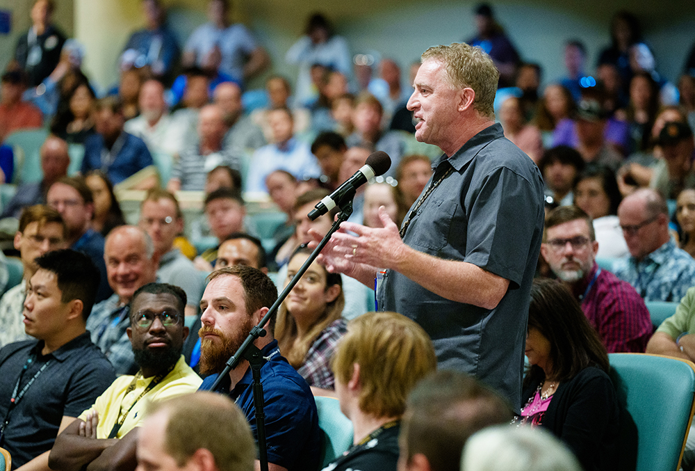 ACCELERATING CONVERSATION — Tom Klitsner, a senior manager in computer systems and technology integration, speaks during a brainstorming session as part of the town hall. (Photo by Craig Fritz)