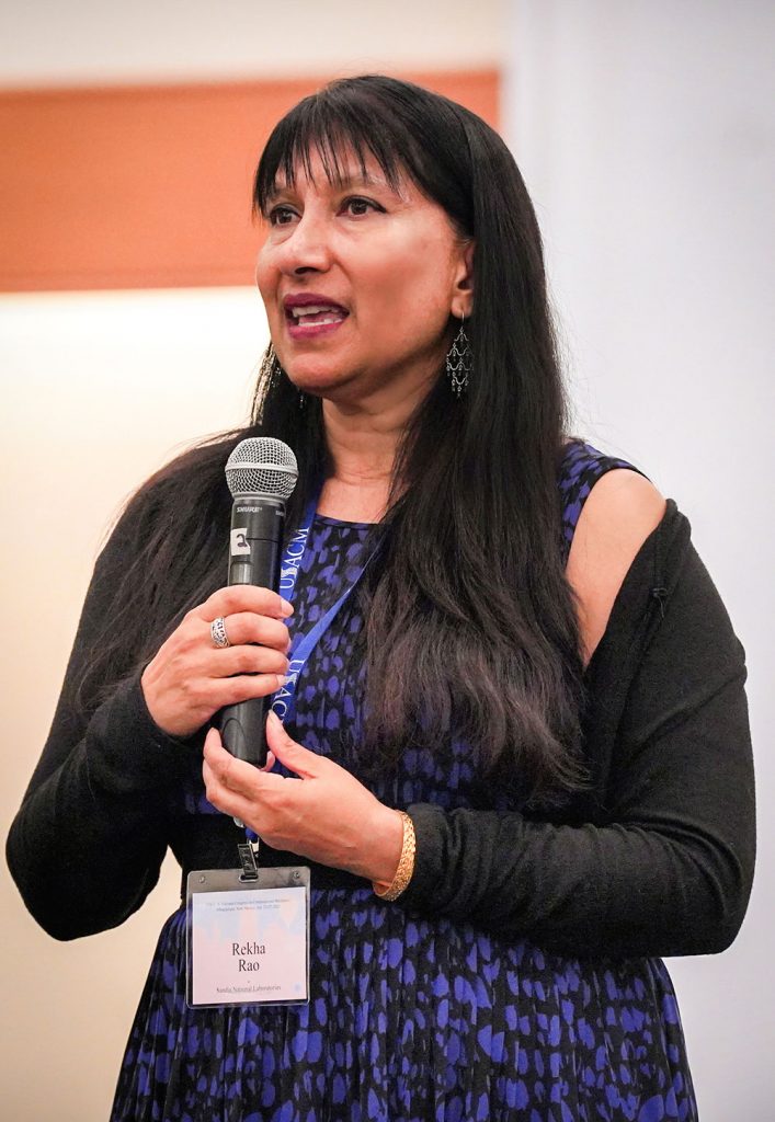 WELCOMING WORDS — Sandia researcherand association vice-president Rekha Rao addresses the 2023 national congress of the U.S. Association of Computational Mechanics. Next year, she will be the organization’s first woman president. (Photo courtesy of U.S. Association of Computational Mechanics)