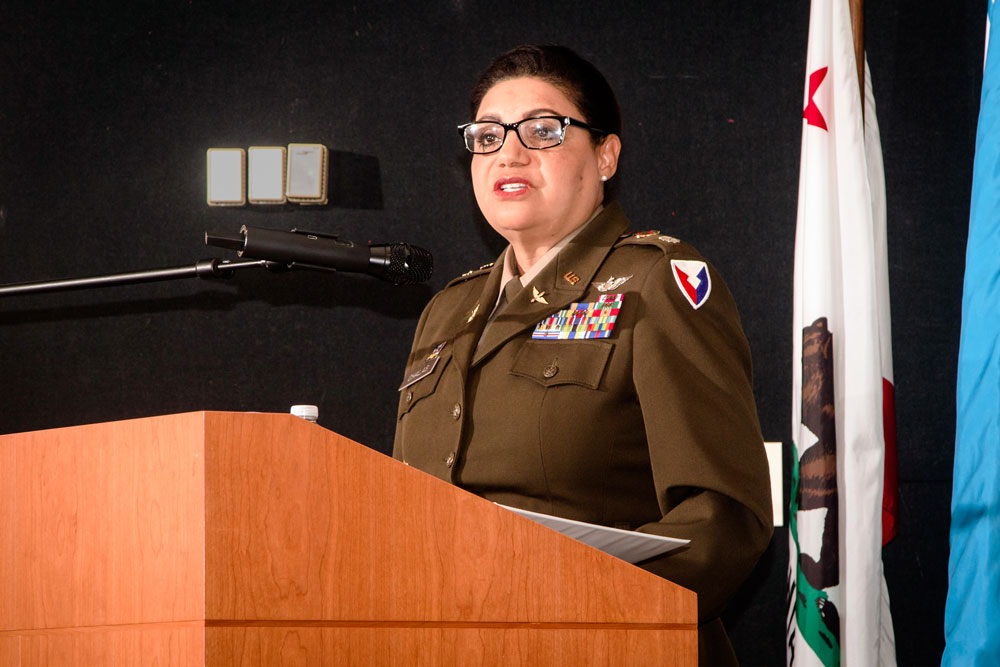 CELEBRATING COMMITMENT — Lt. Col. Marisol Chalas, garrison commander of the U.S. Army Parks Reserve Forces Training Area at Camp Parks, delivered the keynote address during the Veterans Day celebration at Sandia’s California site Nov. 9. (Photo by Randy Wong)