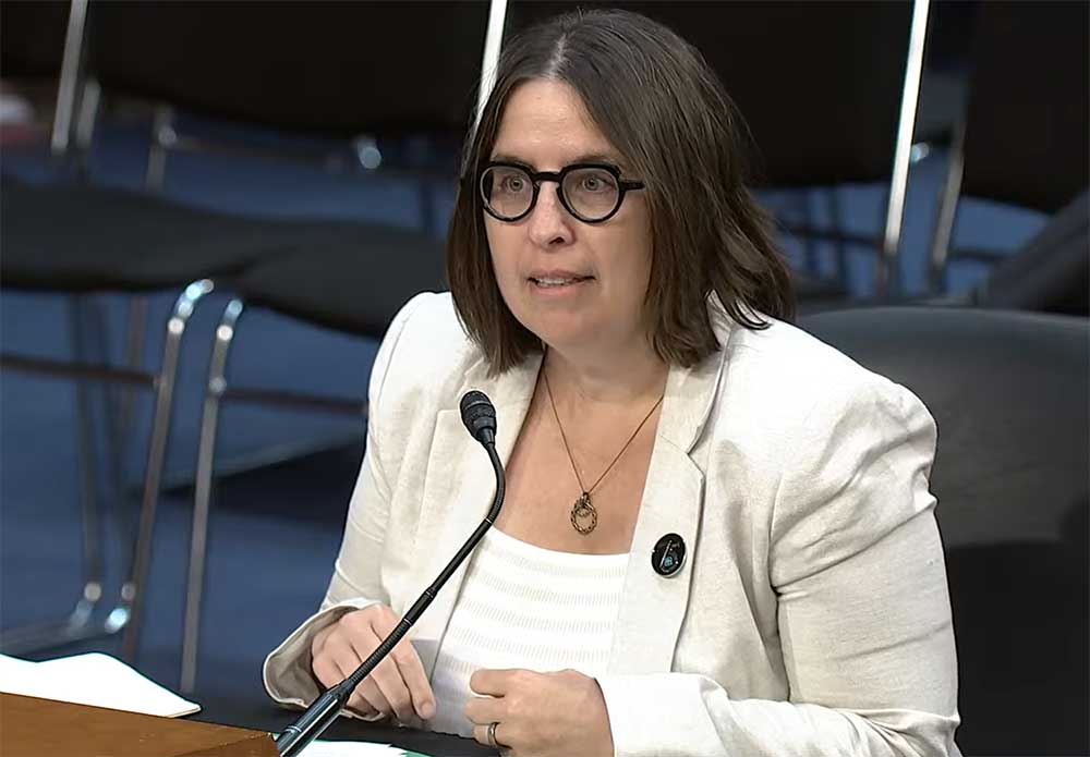 AI AT THE LABS — Sandia’s Jennifer Gaudioso testifies during a Senate committee hearing June 4 that DOE data and supercomputing capabilities position U.S. national labs to shape future AI initiatives. (Image captured from hearing video)