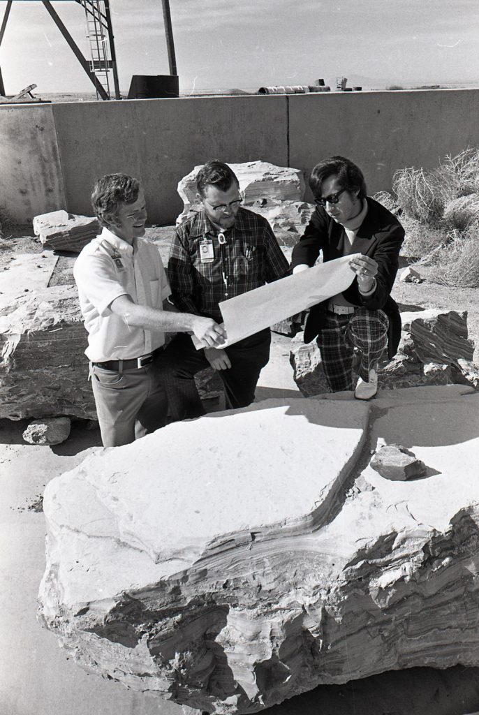 MEN IN THE '70s — Above shows a little bit of everything that was stylish for men in the ’70s. This specific photo shows Dave Northrop, Wendell Weart and Hap Stoller in 1974. (Photo from the Lab News archives)