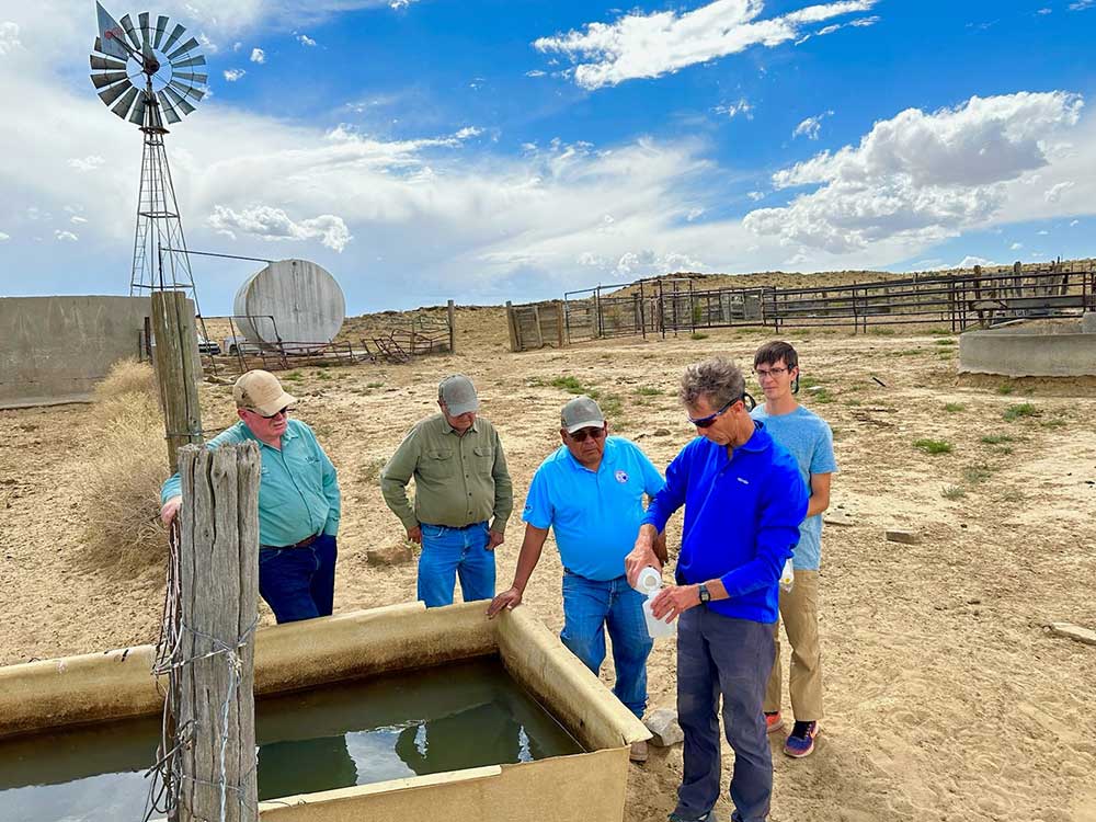 TESTING THE WATERS — From left, Mike Lisk, owner of Remote Well Solutions; Ferdinand Notah, Navajo Nation project lead; Larson Uentillie of the Navajo Nation Water Division; and Sandia geochemistry intern Sean Dwyer observe Sandia geotechnology systems engineer Brian Dwyer collect a water sample from a cattle drinker. (Photo courtesy of Brian Dwyer)
