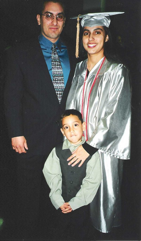 WALKING PROUD — Del poses with her husband Greg and son Jesse after graduating with a bachelor’s degree from the University of New Mexico in 2001. (Photo courtesy of Del Salazar)